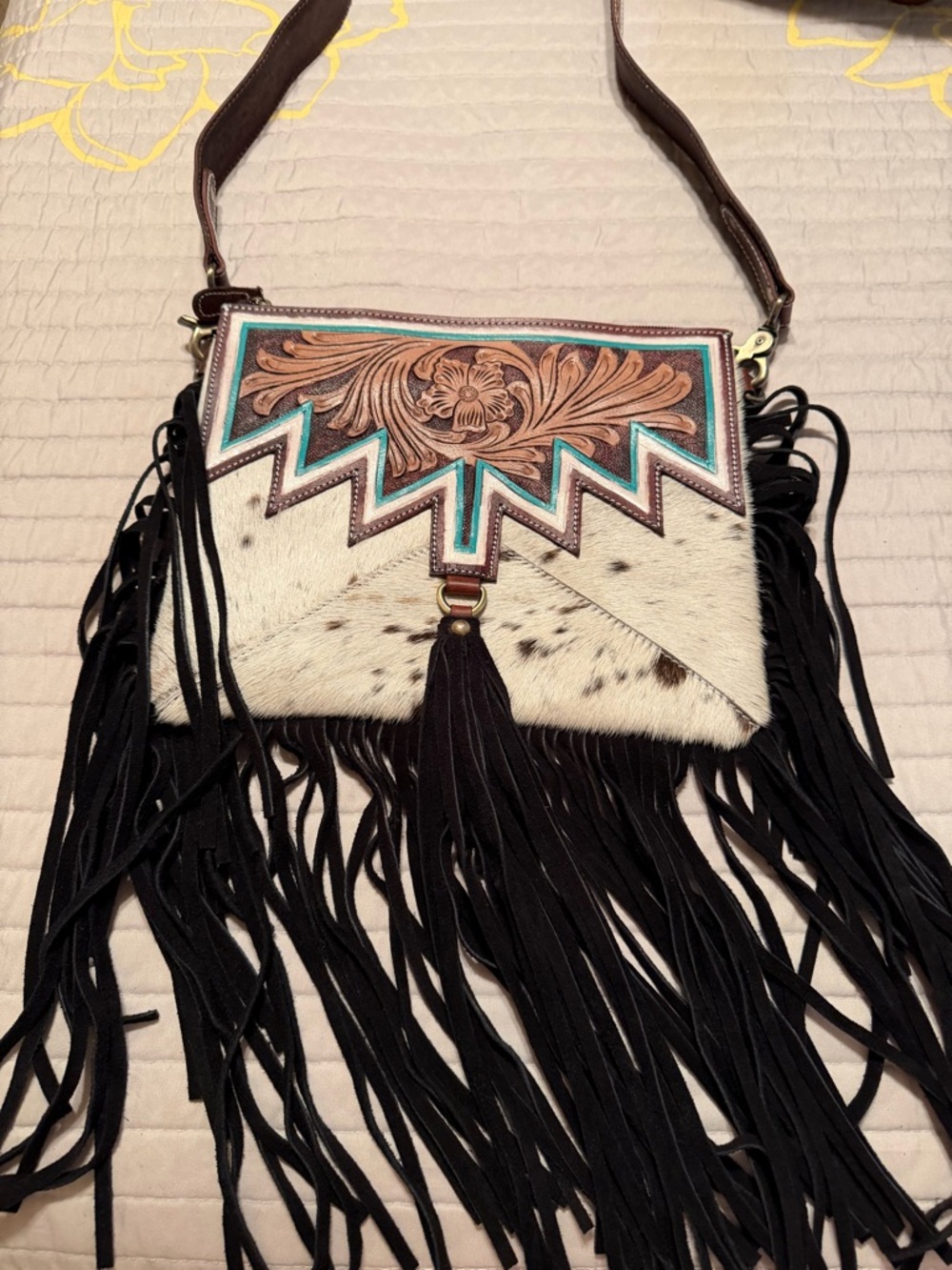 Fringed Cowhide Crossbody Bag with Floral Tooled Trim - Black & White